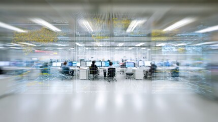 Blurred View of Modern Control Room with Monitors and Data Flow
