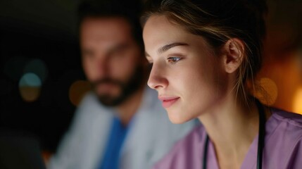 Focused Nurse Using Laptop in Dimly Lit Hospital Environment