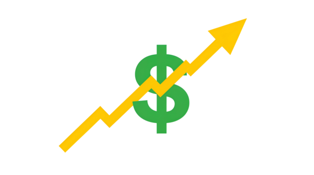 Green dollar sign with a yellow rising arrow graph on black background money finance isolated on a transparent background