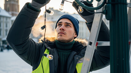 Young man decorating outdoor string lights during winter in a city square