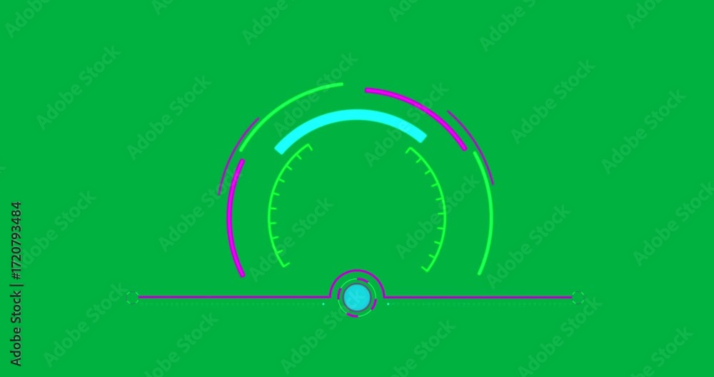 Poster digital gauge ui displaying metrics on transparent background, highlighting neon arcs and knob