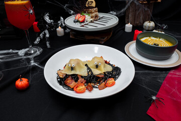 Halloween Culinary Delight: A creatively curated Halloween-themed food spread, showcasing an array of spooky and delicious dishes set against a backdrop of Halloween decor.