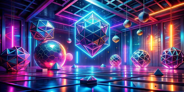 A mesmerizing display of geometric shapes bathed in vibrant neon lights, creating a futuristic and captivating atmosphere with glowing spheres and intricate patterns