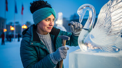 Woman meticulously carving an elegant ice swan sculpture at a winter art festival
