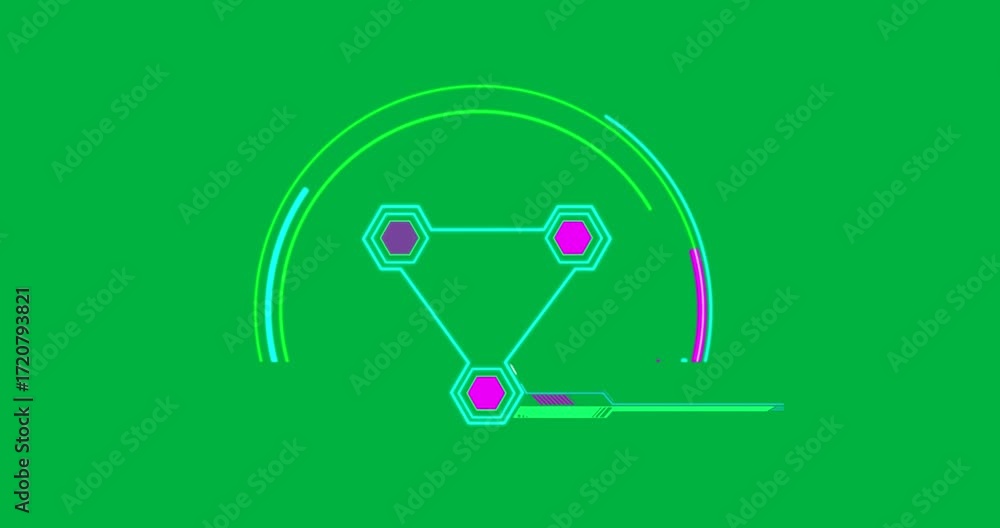 Poster network displaying neon hexagonal nodes connecting in tech interface on transparent background