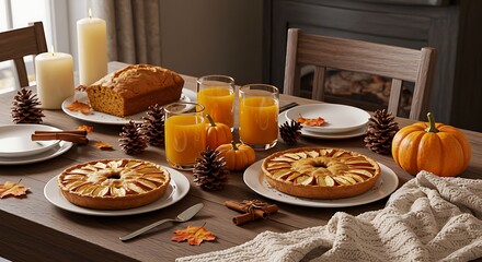 Apple Tarts, Pumpkin Bread, and Drinks on an Autumn Table