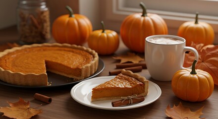 Homemade Pumpkin Pie and a Hot Drink on a Cozy Fall Table
