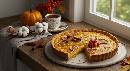 Tangy Lemon Tart with Cinnamon and Fall Decorations