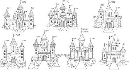 Castle outline coloring book page, Castle line art vector
