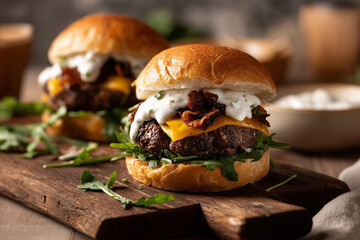 Juicy gourmet burger with cheese and bacon on a wooden board