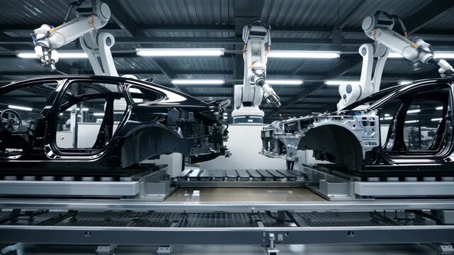 Robotic arms assembling car chassis on a modern automotive production line