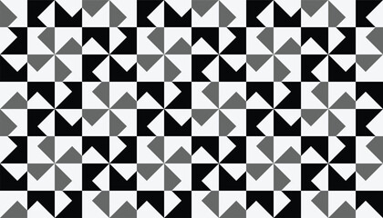 A seamless geometric pattern consisting of repeating triangle and square shapes in black, white, and gray.