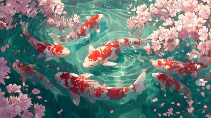 Koi fish swimming in pond with cherry blossoms