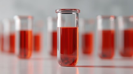 Test tube filled with red liquid on laboratory table background