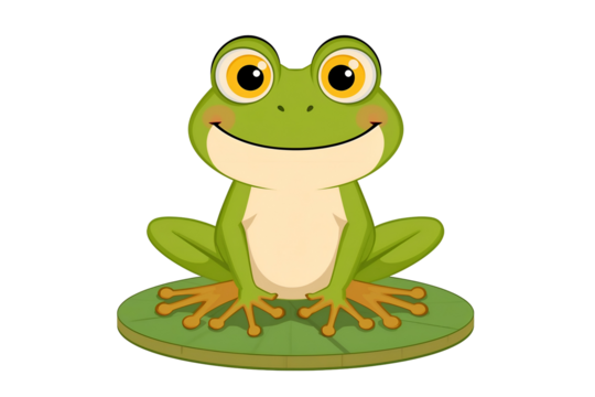 Happy cartoon green frog with yellow eyes on a single lily pad Keywords: frog, amphibian, cartoon, cute, green, yellow eyes isolated on a transparent background