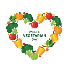Heart-shaped arrangement of colorful vegetables and text celebrating World Vegetarian Day on a clean white background with a flat lay composition.