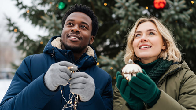 Happy diverse couple decorating a festive Christmas tree with lights and ornaments - Powered by Adobe