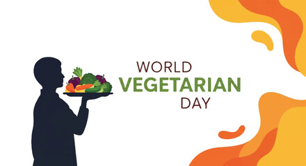 Silhouette of a person holding a plate of colorful vegetables on World Vegetarian Day with a vibrant, abstract background.