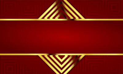 Modern luxury aesthetic abstract red background with golden frame and geometric shapes