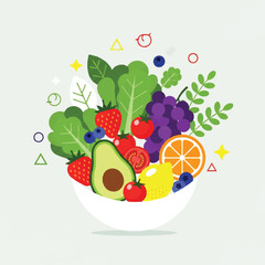 Colorful flat lay illustration of a bowl filled with various fruits and vegetables, celebrating World Food Day with vibrant colors and playful design elements.