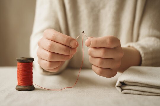 Sewing Needle Tutorial &ndash; Hands Threading Needle with Red Thread Step by Step DIY Craft Process