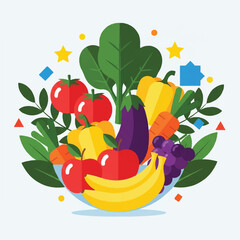 Colorful flat lay illustration of a bowl filled with various fruits and vegetables, celebrating World Food Day with vibrant and playful design elements.