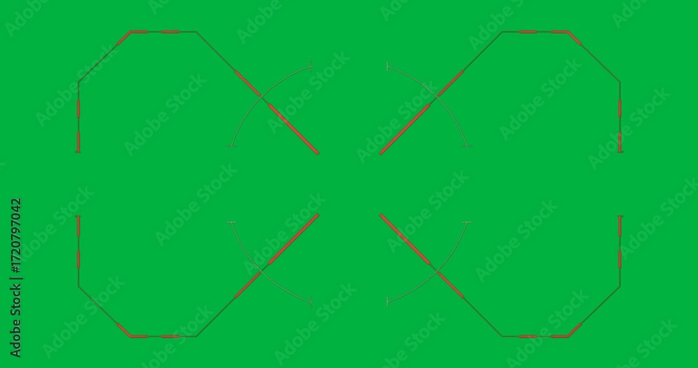 Poster ui designer interacting with transparent reticle, showing red segmented octagons and beige arcs