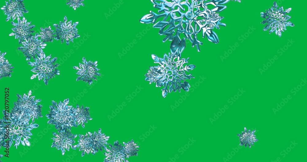 Poster glossy cyan snowflake shapes floating on transparent background highlighting winter graphic design