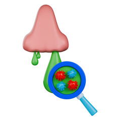 3D medical illustration showing a runny nose and a magnifying glass revealing various types of viruses.