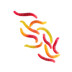 Obraz premium Falling sour gummy worms on transparent background