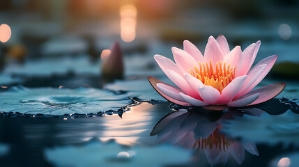 Serene pink lotus flower floating on calm water with soft bokeh lights