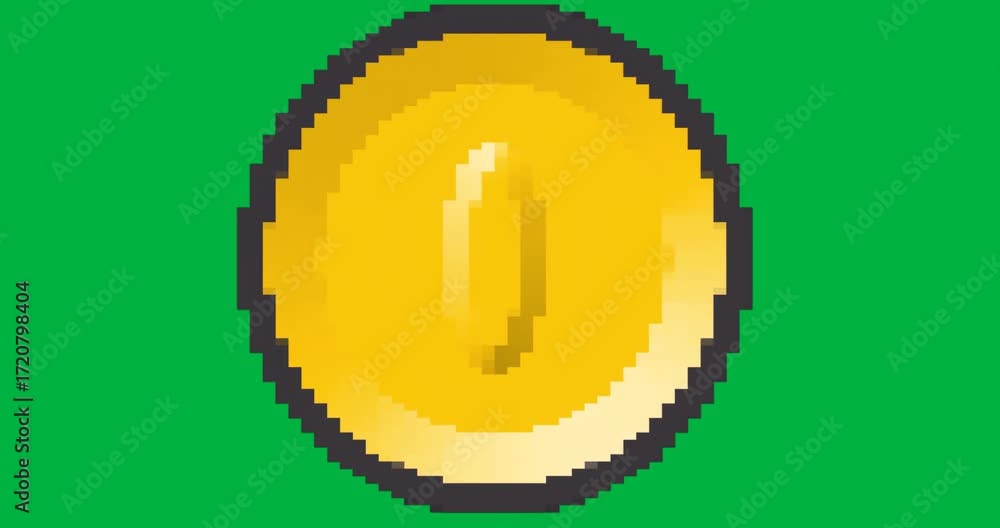 Poster finance designers displaying pixelated golden coin with raised oval relief on transparent backdrop