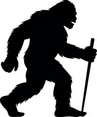 Fototapeta premium Silhouette of bigfoot walking with a cane mystery creature legend creature of the forest creature vector