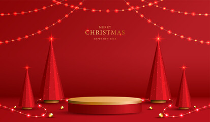 Podium shape for show cosmetic product display for christmas day or new years. Stand product showcase on red background with lighting christmas. vector design.