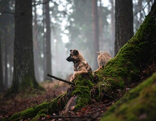 Two dogs in a misty forest