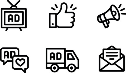 Set of six black and white line art icons representing advertising and marketing concepts vector