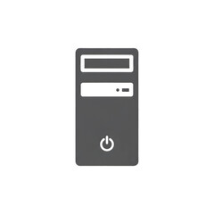 A simple, modern, dark gray icon representing a desktop computer tower with a power button symbol.