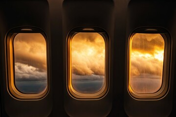Airplane windows showing a dramatic sunset over clouds and ocean