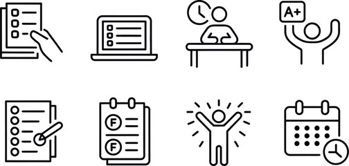 Minimalist line art icons for education success achievement and study featuring exams laptops and calendar vector