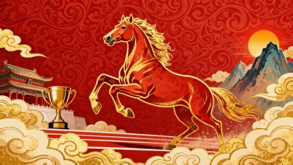 Fototapeta premium red Creative abstract business background with elegant Chinese style horse flowing mane flat illustration design featuring gradient colors geometric outline poster art for zodiac year celebration.
