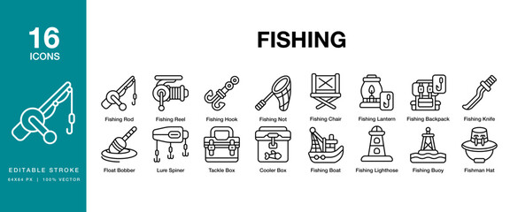 Fishing icon set. Includes fishing, water, hobby, nature, fish and More. Editable Stroke Icon Collection.