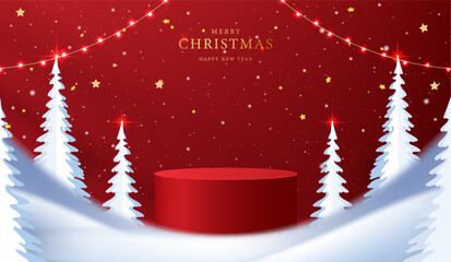 Podium shape for show cosmetic product display for christmas day or new years. Stand product showcase on red background with lighting christmas. vector design.