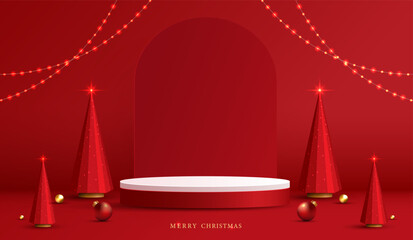 Podium shape for show cosmetic product display for christmas day or new years. Stand product showcase on red background with lighting christmas. vector design.