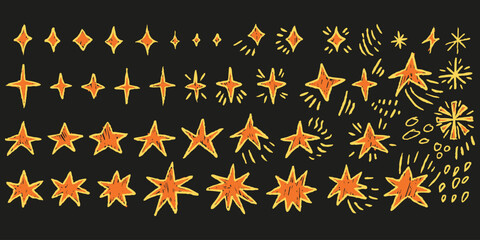 Crayon glowing stars, sparkles, fireworks in doodle sketchy style. Playful kids scribble stickers for scrapbook or note.