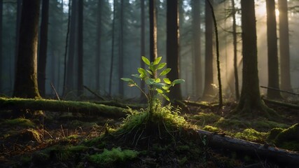 Obraz premium Brote verde iluminado por la luz del sol en el centro de un bosque sombrío cubierto de musgo