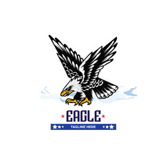 Illustration of a powerful eagle with wings spread wide, swooping down in attack position, designed as a bold and dynamic logo. Perfect for sports teams, patriotic emblems, security companies, outdoor