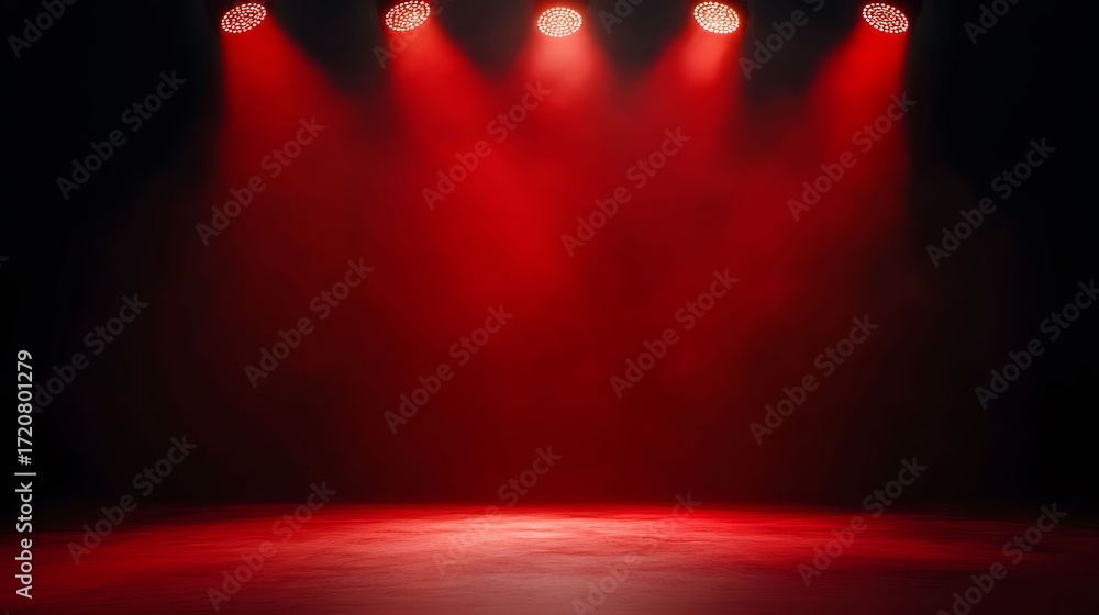 Poster the image displays a stage illuminated with five red spotlights, creating a dramatic, focused area a