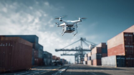 A drone flies above a shipping yard filled with colorful containers. The sunny day enhances visibility as cranes and cargo trucks are seen in the background, highlighting bustling port activity.