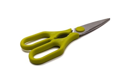 closed sharp kitchen scissors with green handle isolated on white background