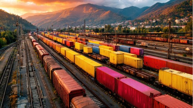 Colorful cargo containers in a railway yard during sunset with mountains in background